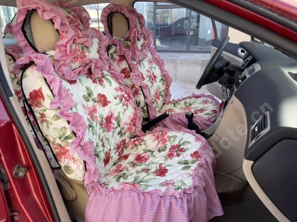 Luxury Jacquard Girly Bud Silk Seat Cushion Floral Safest Lace Countryside Customize Automotive Car Seat Cover Sets - Pink Red