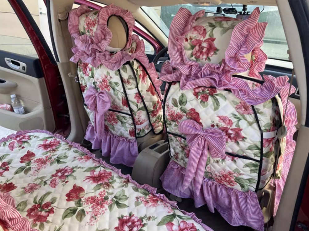 Luxury Jacquard Girly Bud Silk Seat Cushion Floral Safest Lace Countryside Customize Automotive Car Seat Cover Sets - Pink Red