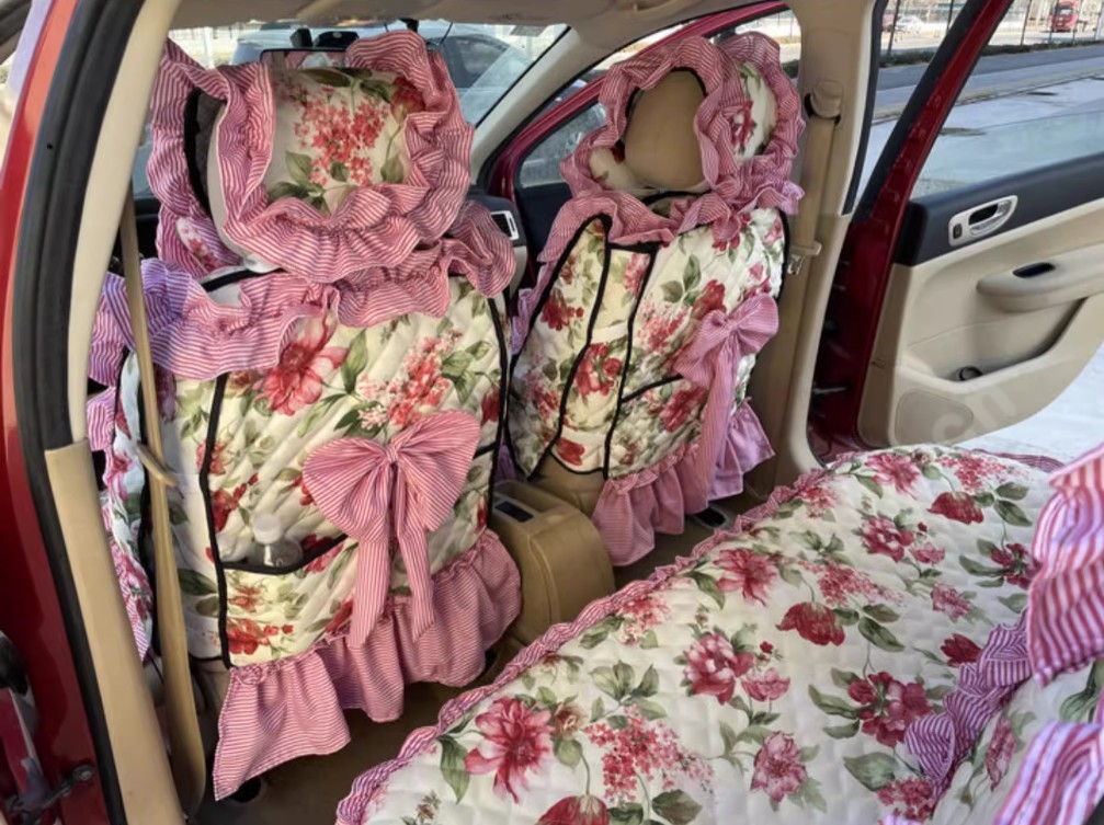 Luxury Jacquard Girly Bud Silk Seat Cushion Floral Safest Lace Countryside Customize Automotive Car Seat Cover Sets - Pink Red