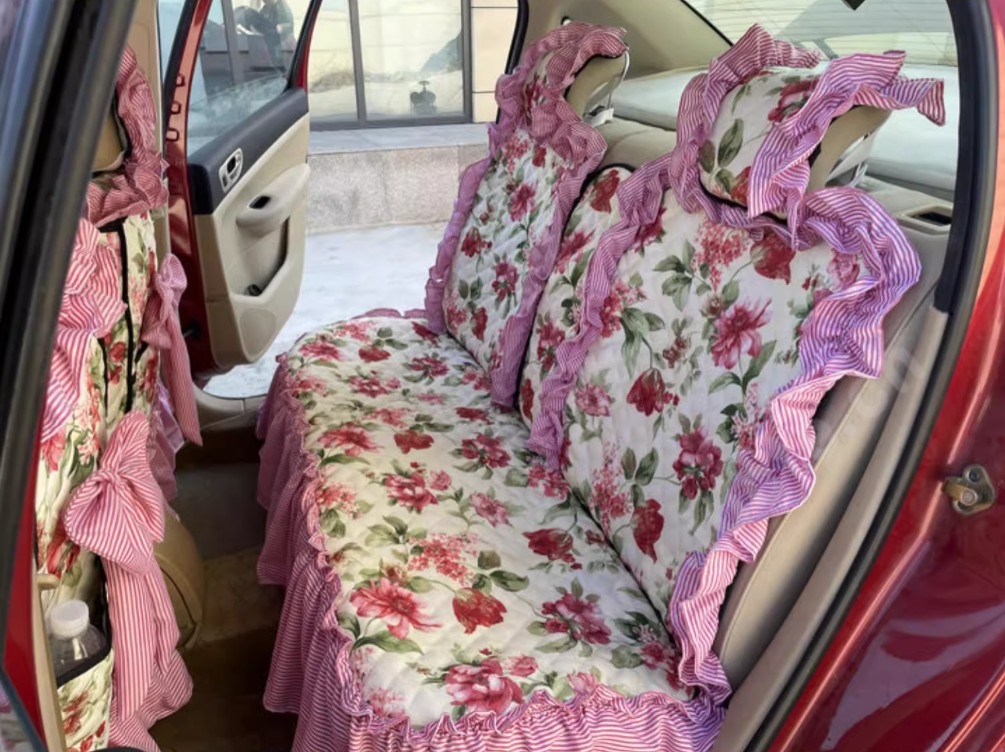 Luxury Jacquard Girly Bud Silk Seat Cushion Floral Safest Lace Countryside Customize Automotive Car Seat Cover Sets - Pink Red