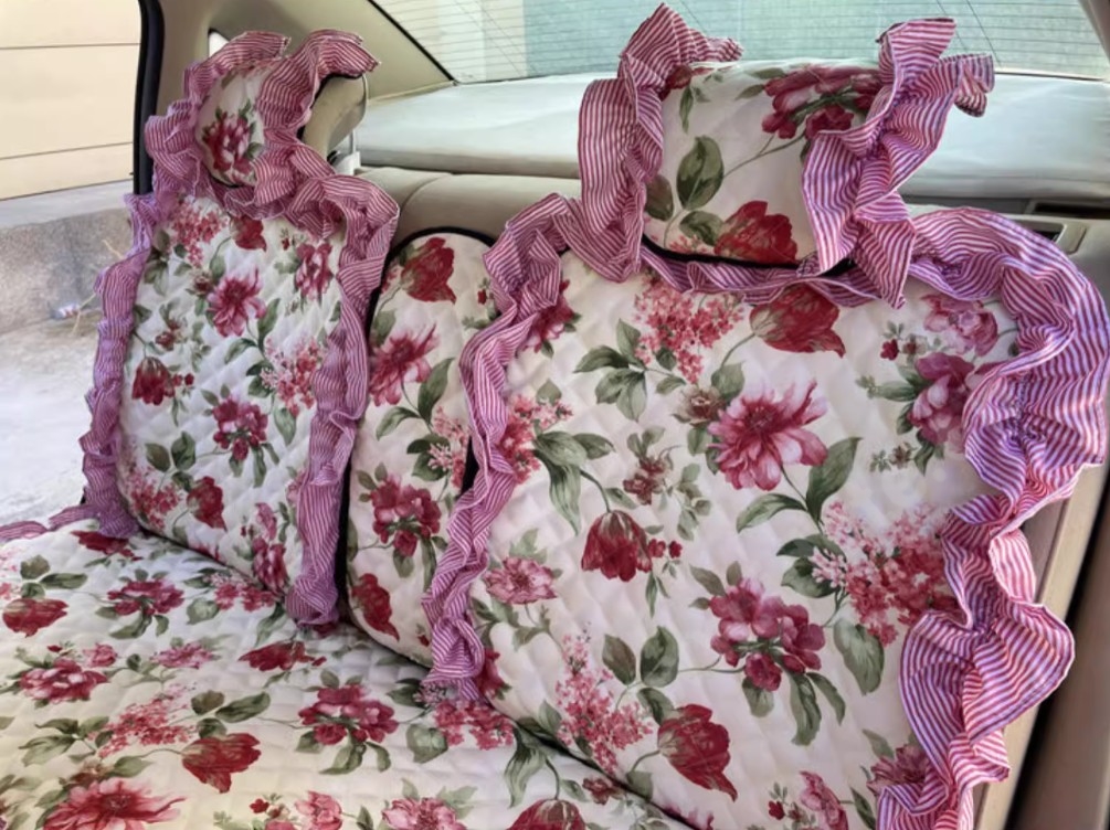 Luxury Jacquard Girly Bud Silk Seat Cushion Floral Safest Lace Countryside Customize Automotive Car Seat Cover Sets - Pink Red