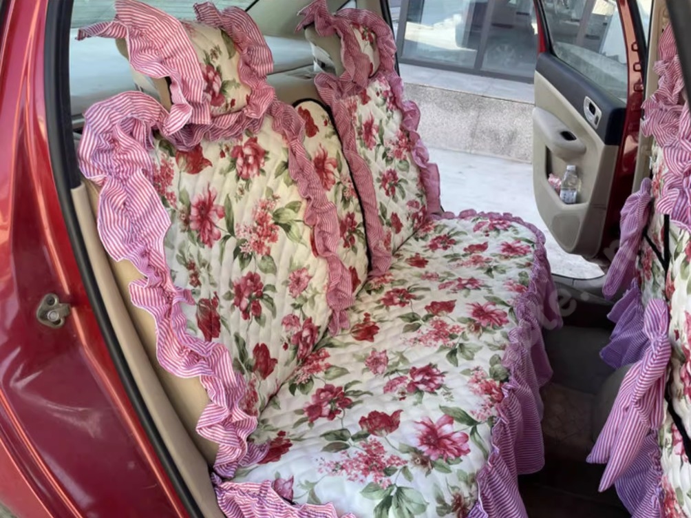 Luxury Jacquard Girly Bud Silk Seat Cushion Floral Safest Lace Countryside Customize Automotive Car Seat Cover Sets - Pink Red