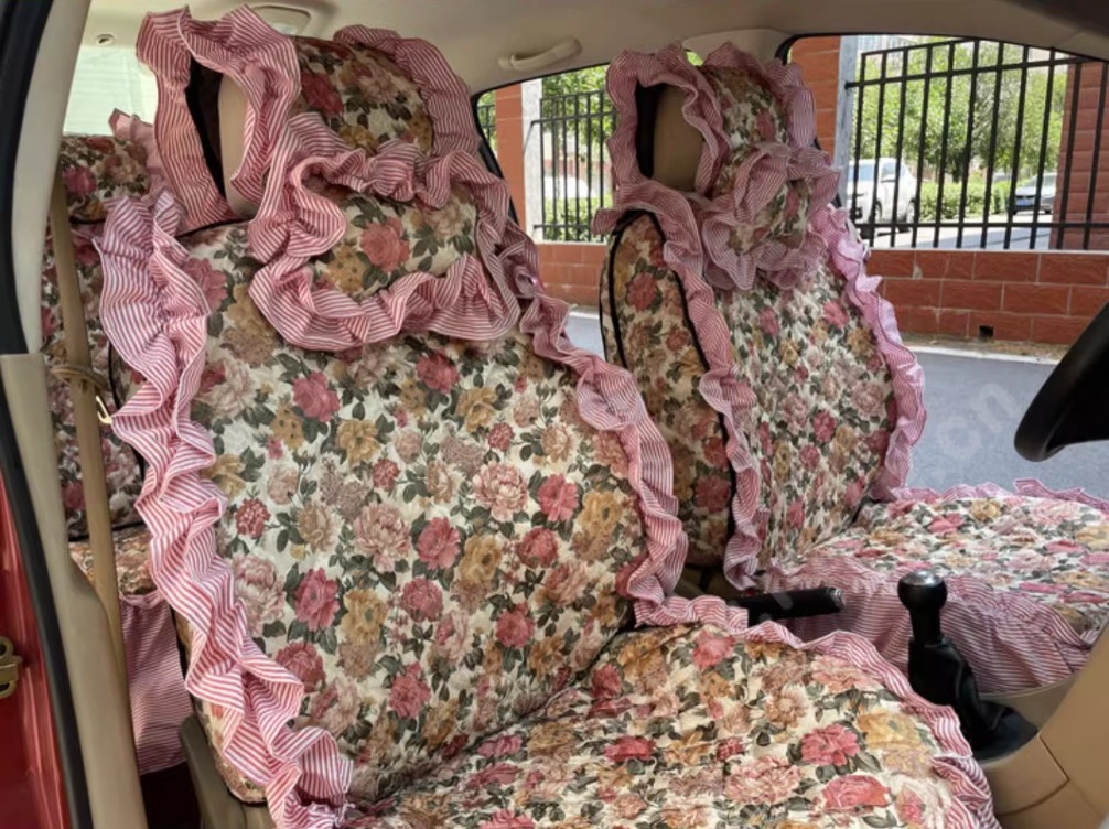 Luxury Jacquard Girly Bud Silk Seat Cushion Floral Safest Lace Countryside Customize Automotive Car Seat Cover Sets - Pink