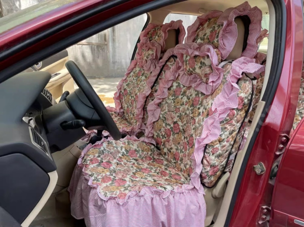 Luxury Jacquard Girly Bud Silk Seat Cushion Floral Safest Lace Countryside Customize Automotive Car Seat Cover Sets - Pink