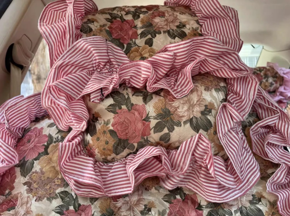 Luxury Jacquard Girly Bud Silk Seat Cushion Floral Safest Lace Countryside Customize Automotive Car Seat Cover Sets - Pink