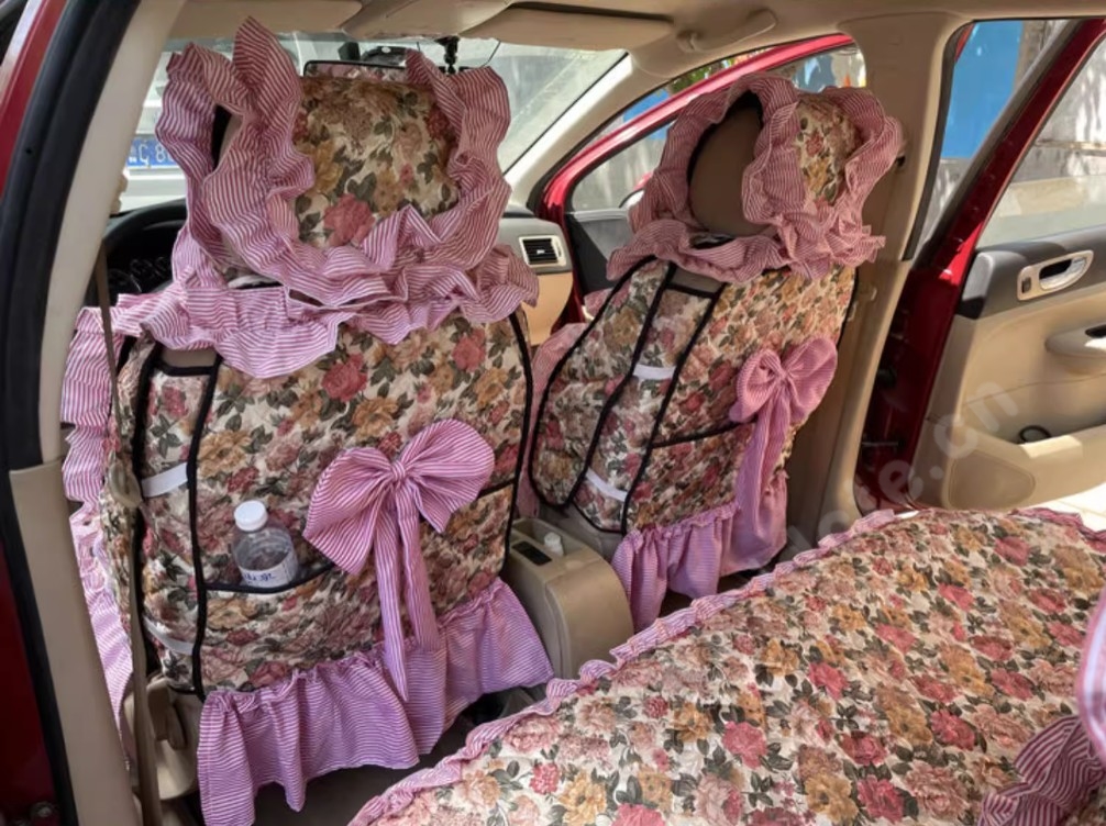 Luxury Jacquard Girly Bud Silk Seat Cushion Floral Safest Lace Countryside Customize Automotive Car Seat Cover Sets - Pink