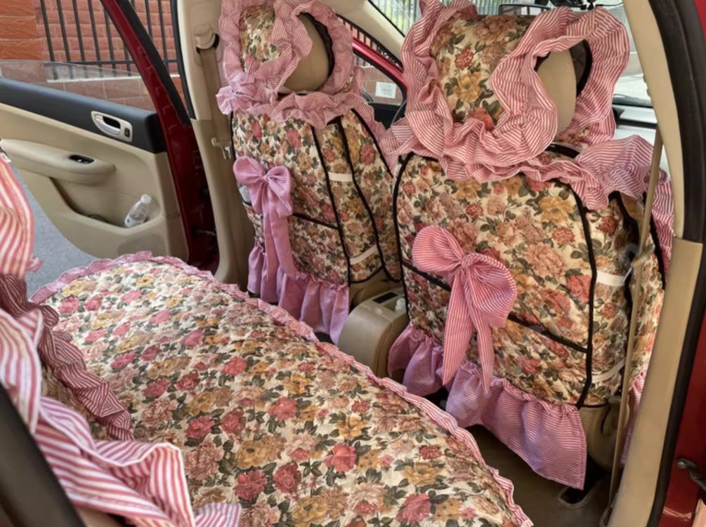 Luxury Jacquard Girly Bud Silk Seat Cushion Floral Safest Lace Countryside Customize Automotive Car Seat Cover Sets - Pink