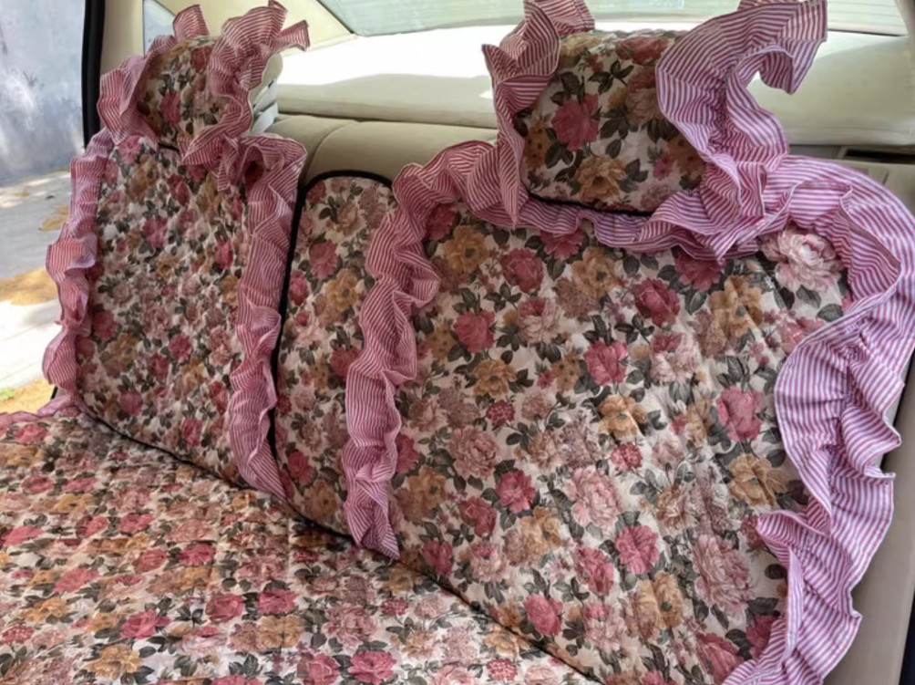 Luxury Jacquard Girly Bud Silk Seat Cushion Floral Safest Lace Countryside Customize Automotive Car Seat Cover Sets - Pink