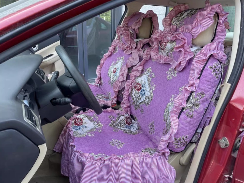 Luxury Jacquard Girly Bud Silk Seat Cushion Floral Safest Lace Countryside Customize Automotive Car Seat Cover Sets - Purple Pink