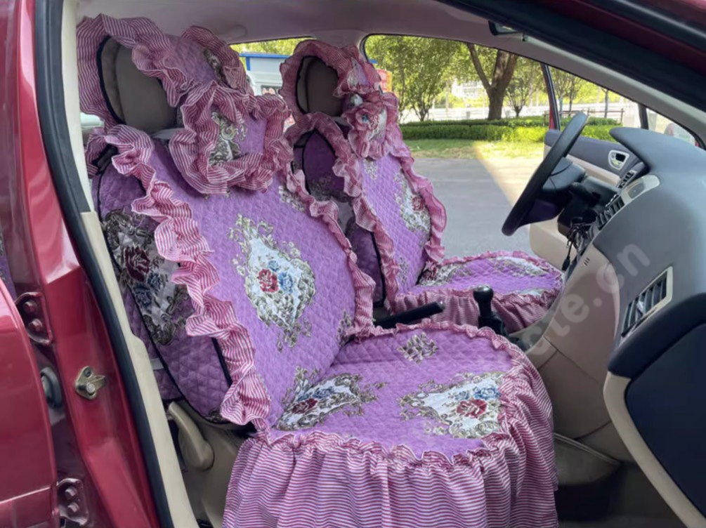 Luxury Jacquard Girly Bud Silk Seat Cushion Floral Safest Lace Countryside Customize Automotive Car Seat Cover Sets - Purple Pink