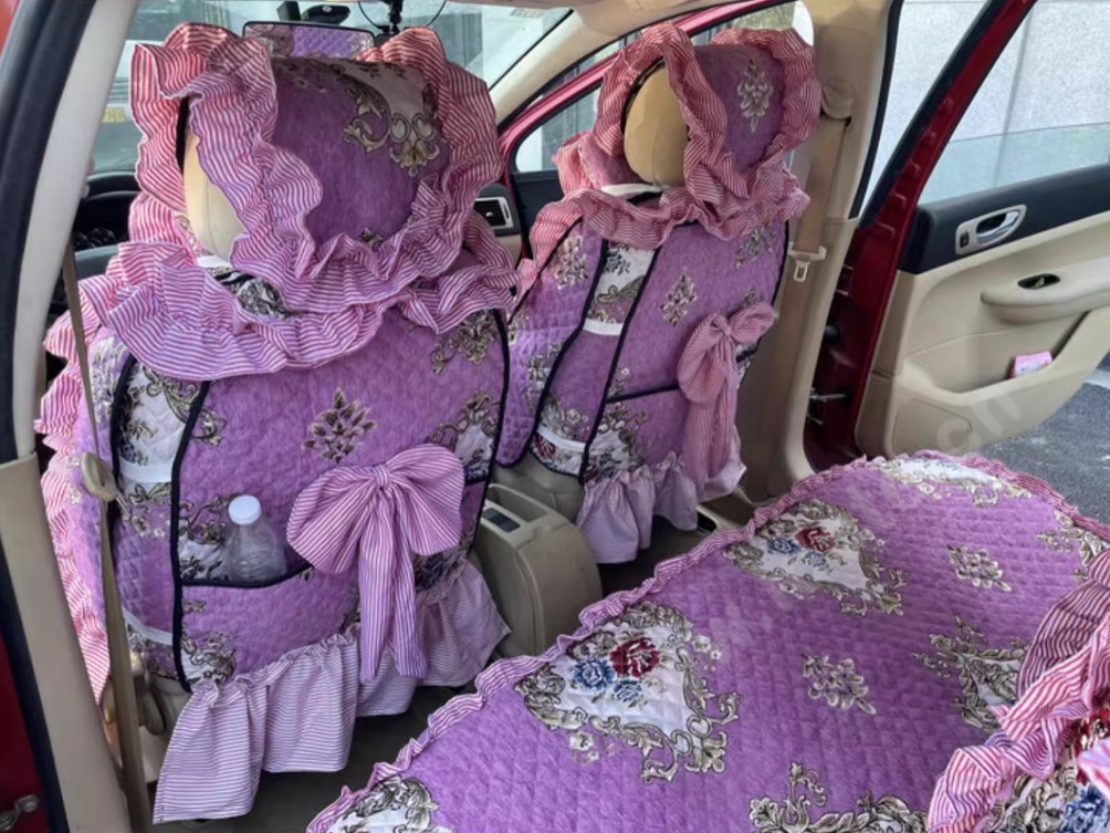 Luxury Jacquard Girly Bud Silk Seat Cushion Floral Safest Lace Countryside Customize Automotive Car Seat Cover Sets - Purple Pink