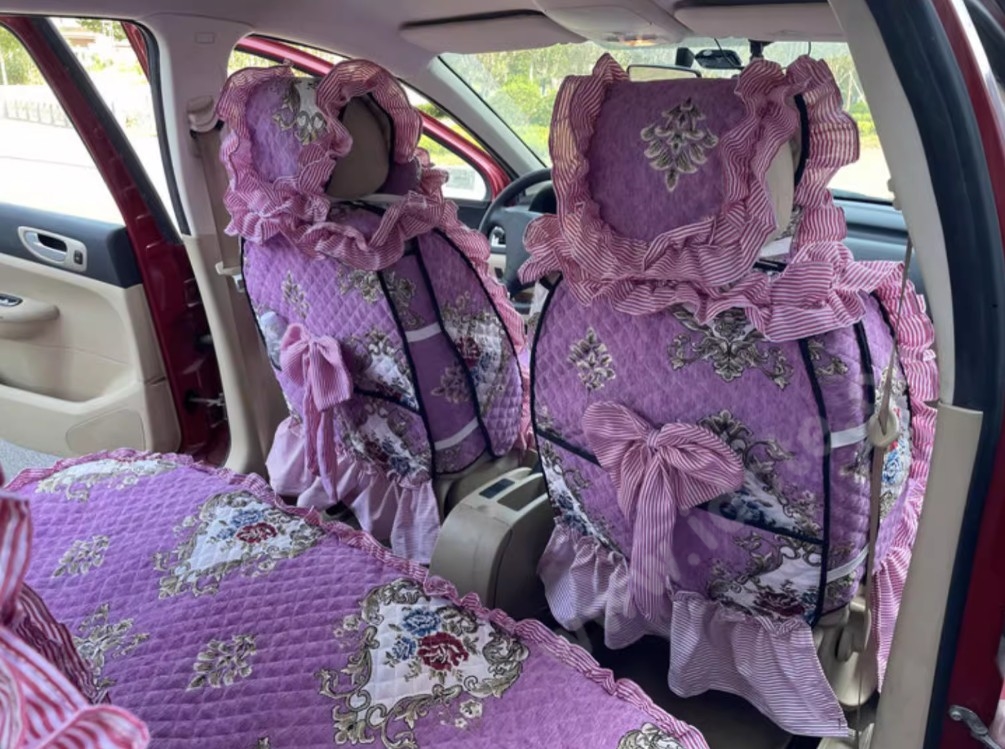 Luxury Jacquard Girly Bud Silk Seat Cushion Floral Safest Lace Countryside Customize Automotive Car Seat Cover Sets - Purple Pink