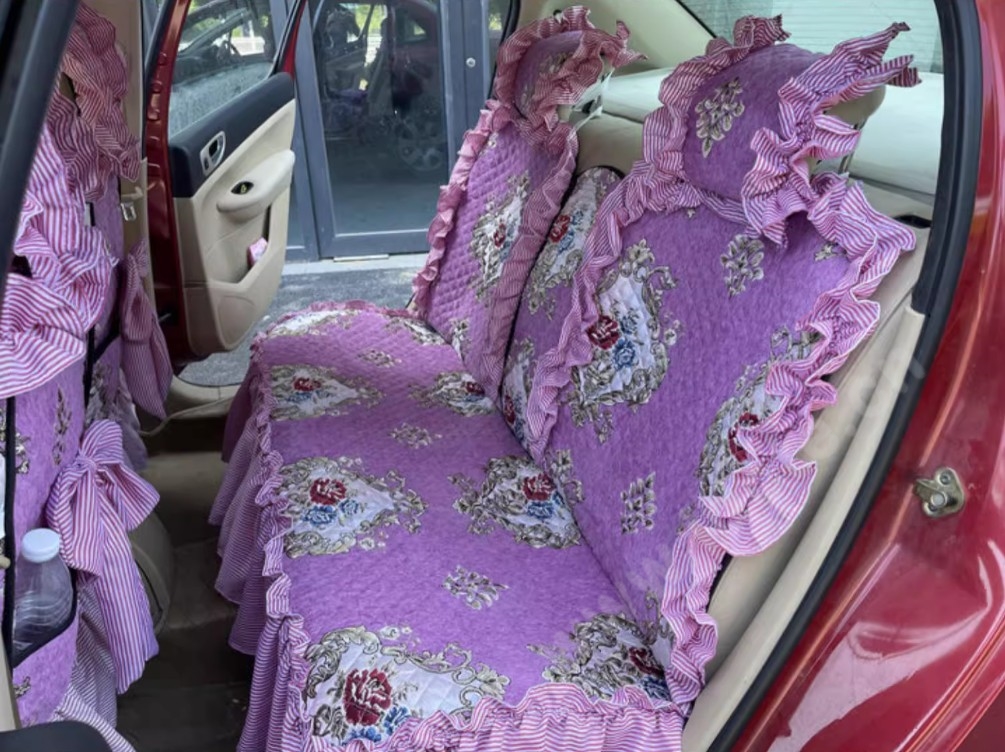Luxury Jacquard Girly Bud Silk Seat Cushion Floral Safest Lace Countryside Customize Automotive Car Seat Cover Sets - Purple Pink