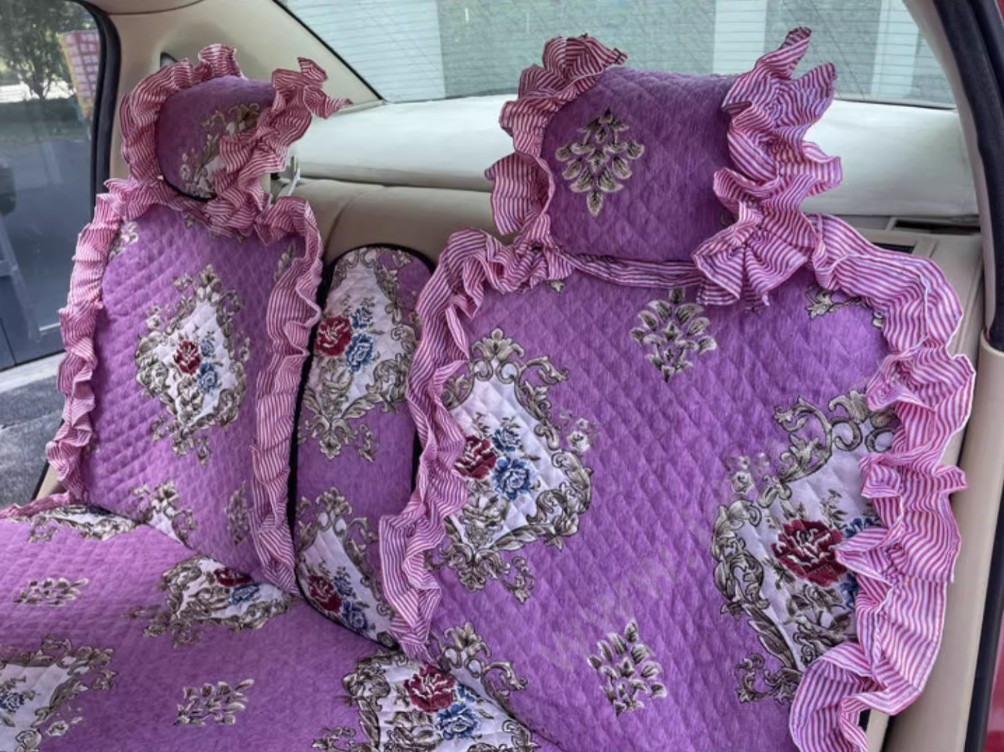 Luxury Jacquard Girly Bud Silk Seat Cushion Floral Safest Lace Countryside Customize Automotive Car Seat Cover Sets - Purple Pink