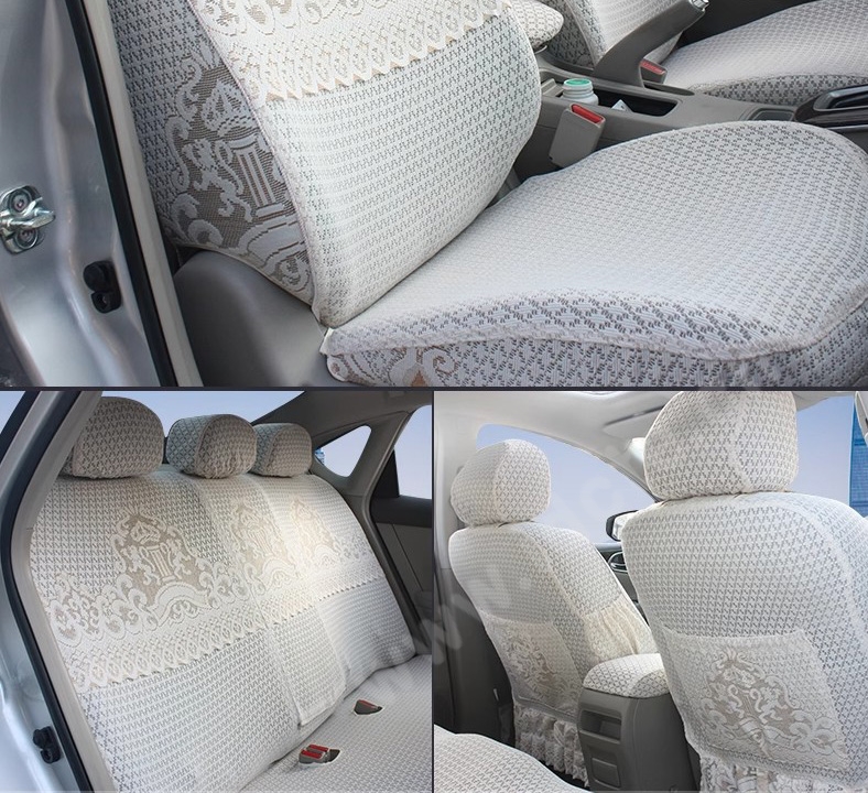 Luxury Tailored Girly Bud Silk Auto Seat Cushion Safest Lace Lycra Full Surround Automobile Car Seat Cover Sets - Beige