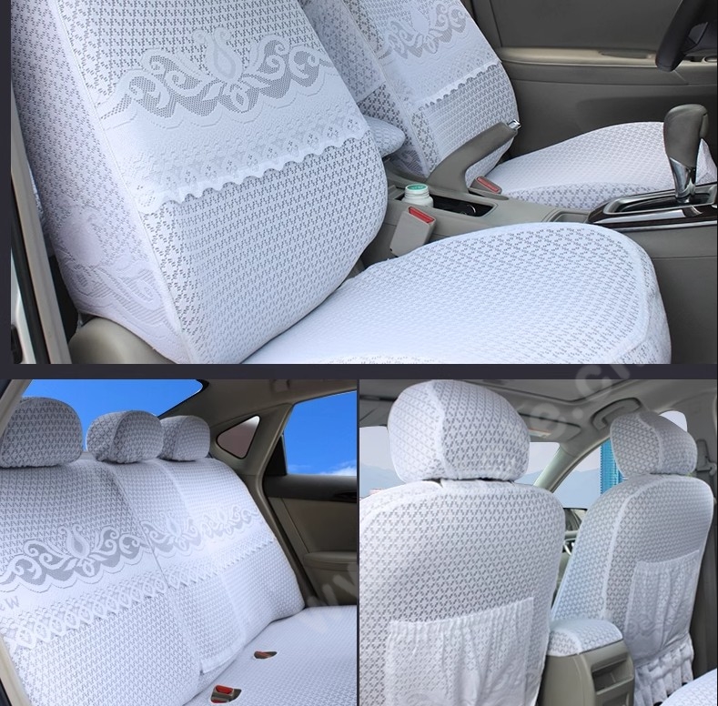 Luxury Tailored Girly Bud Silk Auto Seat Cushion Safest Lace Lycra Full Surround Automobile Car Seat Cover Sets - White
