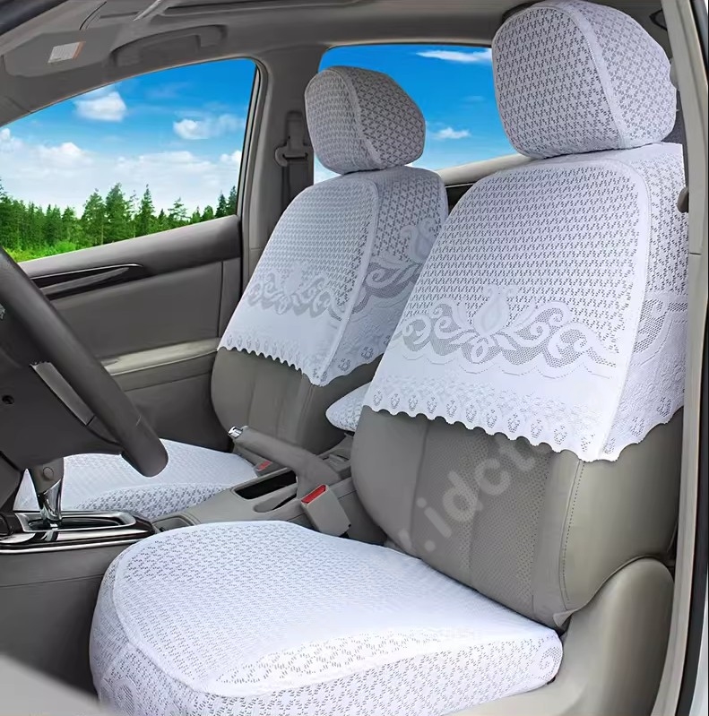 Luxury Tailored Girly Bud Silk Auto Seat Cushion Safest Lace Lycra Half Surround Automobile Car Seat Cover Sets - White