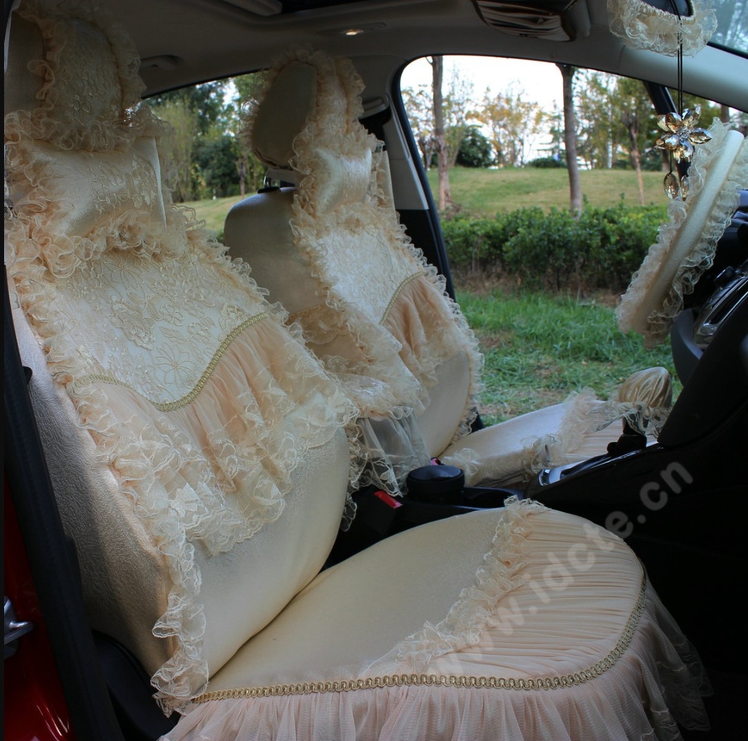 Pretty Tailored Girly Bud Silk Seat Cushion Floral Safest Lace Embroidery Custom Automobile Car Seat Cover Sets - Apricot Yellow