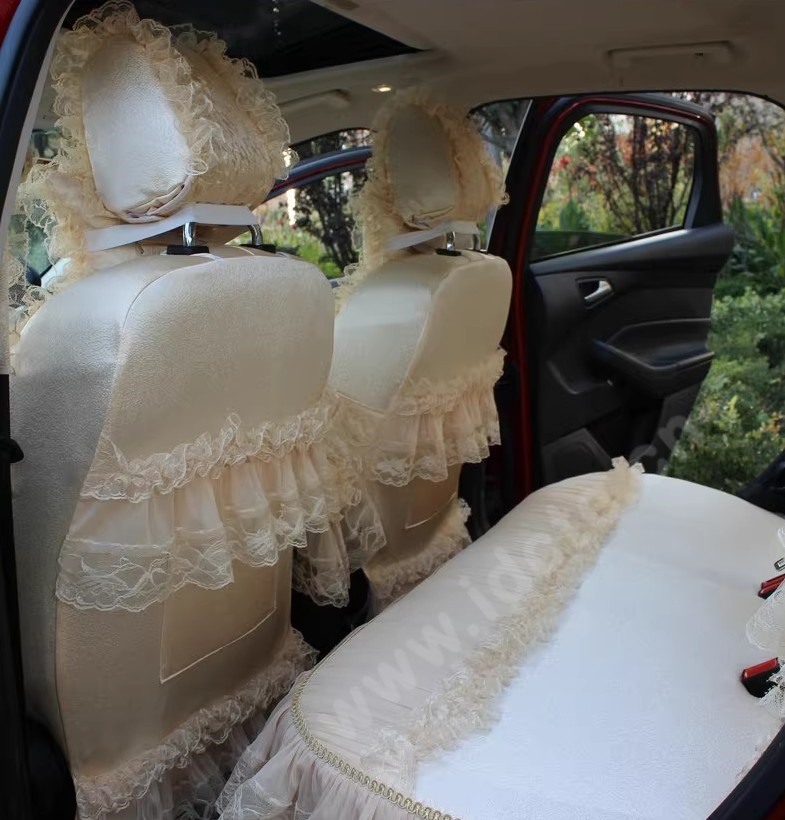 Pretty Tailored Girly Bud Silk Seat Cushion Floral Safest Lace Embroidery Custom Automobile Car Seat Cover Sets - Apricot Yellow