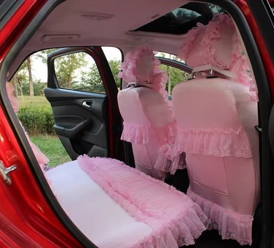 Pretty Tailored Girly Bud Silk Seat Cushion Floral Safest Lace Embroidery Custom Automobile Car Seat Cover Sets - Pink