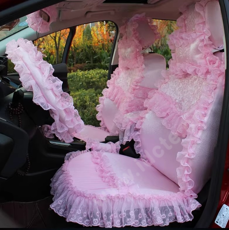 Pretty Tailored Girly Bud Silk Seat Cushion Floral Safest Lace Embroidery Custom Automobile Car Seat Cover Sets - Pink