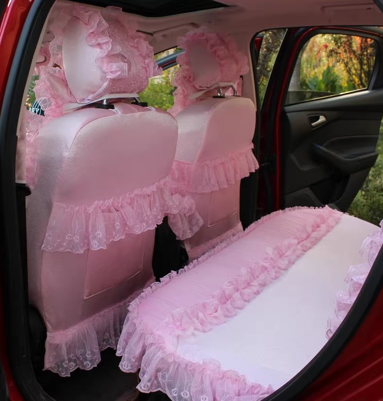 Pretty Tailored Girly Bud Silk Seat Cushion Floral Safest Lace Embroidery Custom Automobile Car Seat Cover Sets - Pink