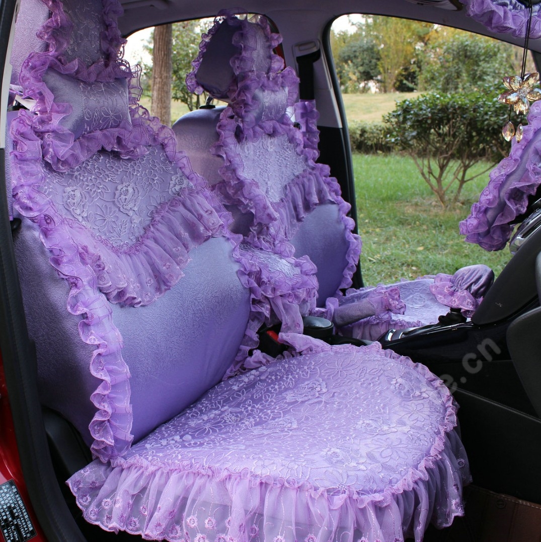 Pretty Tailored Girly Bud Silk Seat Cushion Floral Safest Lace Embroidery Custom Automobile Car Seat Cover Sets - Purple