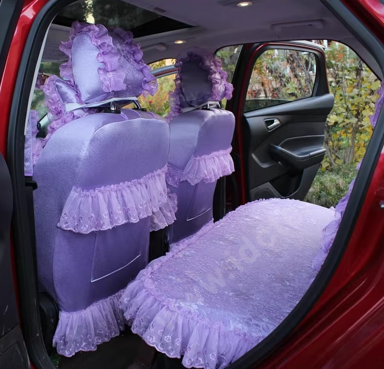 Pretty Tailored Girly Bud Silk Seat Cushion Floral Safest Lace Embroidery Custom Automobile Car Seat Cover Sets - Purple
