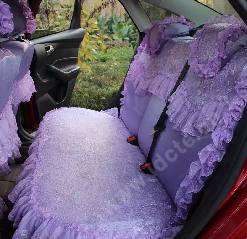 Pretty Tailored Girly Bud Silk Seat Cushion Floral Safest Lace Embroidery Custom Automobile Car Seat Cover Sets - Purple