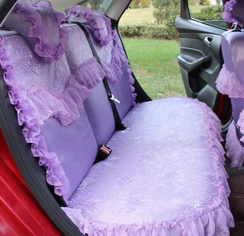 Pretty Tailored Girly Bud Silk Seat Cushion Floral Safest Lace Embroidery Custom Automobile Car Seat Cover Sets - Purple
