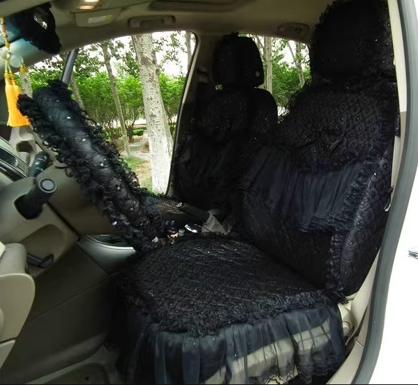 Tailored Girly Bud Silk Personalized Floral Girls Lace Cotton Custom Automobile Car Seat Cover Sets - Black Bowknot