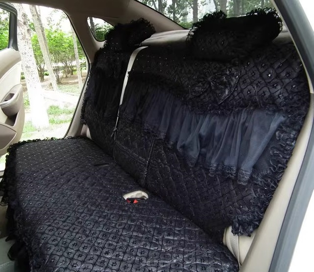 Tailored Girly Bud Silk Personalized Floral Girls Lace Cotton Custom Automobile Car Seat Cover Sets - Black Bowknot