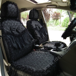 Tailored Girly Bud Silk Personalized Floral Girls Lace Cotton Custom Automobile Car Seat Cover Sets - Black Bowknot