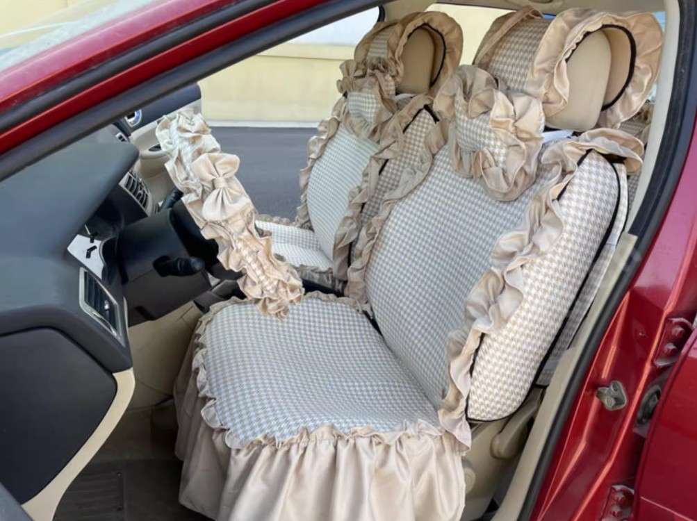 Tailored Jacquard Girly Bud Silk Seat Cushion Floral Safest Lace Countryside Custom Automobile Car Seat Cover Sets - Beige