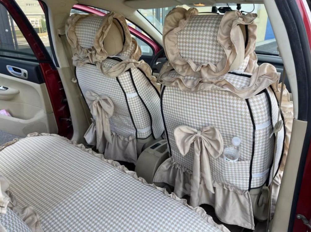 Tailored Jacquard Girly Bud Silk Seat Cushion Floral Safest Lace Countryside Custom Automobile Car Seat Cover Sets - Beige