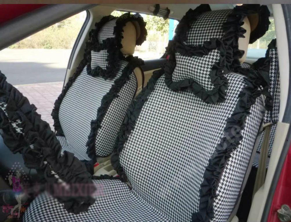 Tailored Jacquard Girly Bud Silk Seat Cushion Floral Safest Lace Countryside Custom Automobile Car Seat Cover Sets - Black White