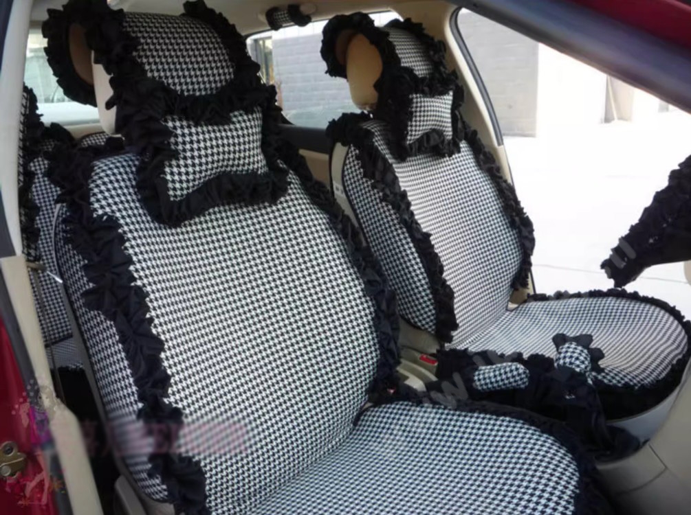 Tailored Jacquard Girly Bud Silk Seat Cushion Floral Safest Lace Countryside Custom Automobile Car Seat Cover Sets - Black White