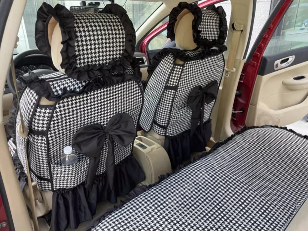 Tailored Jacquard Girly Bud Silk Seat Cushion Floral Safest Lace Countryside Custom Automobile Car Seat Cover Sets - Black White