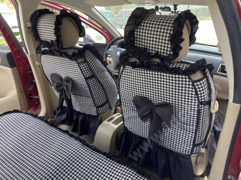 Tailored Jacquard Girly Bud Silk Seat Cushion Floral Safest Lace Countryside Custom Automobile Car Seat Cover Sets - Black White