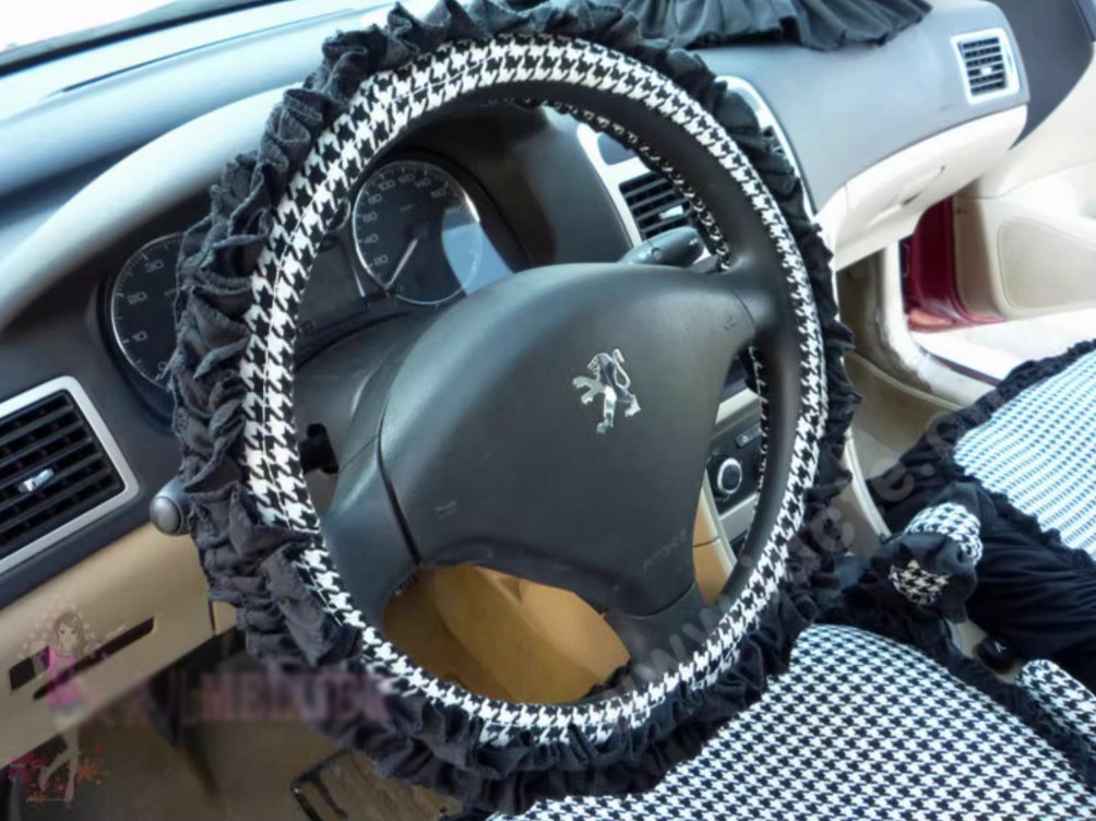 Tailored Jacquard Girly Bud Silk Seat Cushion Floral Safest Lace Countryside Custom Automobile Car Seat Cover Sets - Black White