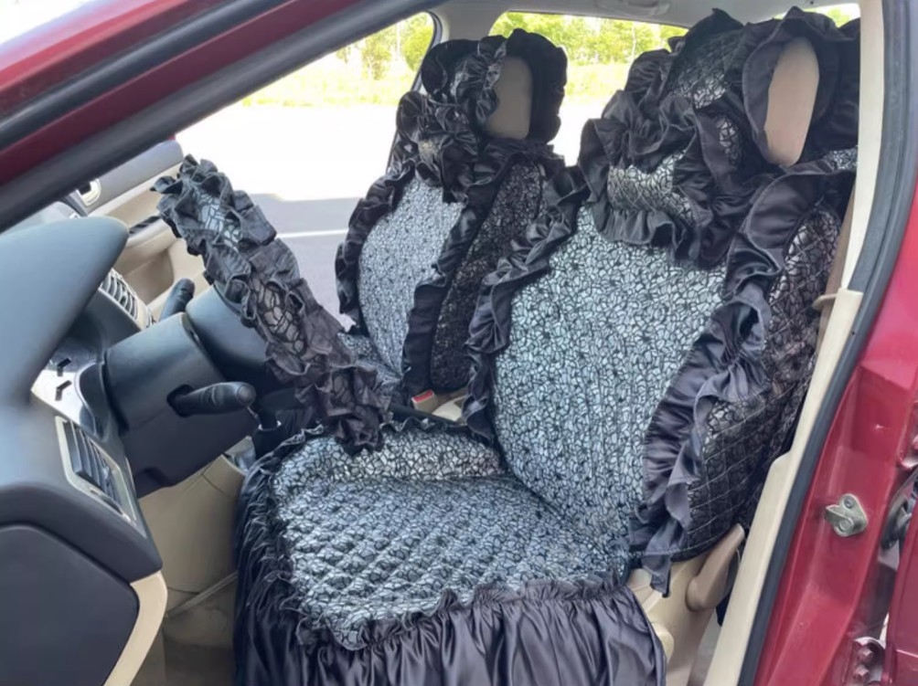 Tailored Jacquard Girly Bud Silk Seat Cushion Floral Safest Lace Countryside Custom Automobile Car Seat Cover Sets - Black