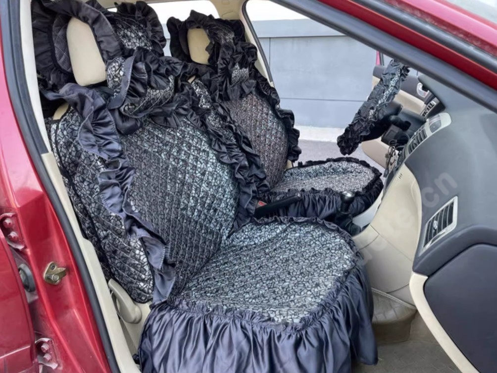 Tailored Jacquard Girly Bud Silk Seat Cushion Floral Safest Lace Countryside Custom Automobile Car Seat Cover Sets - Black