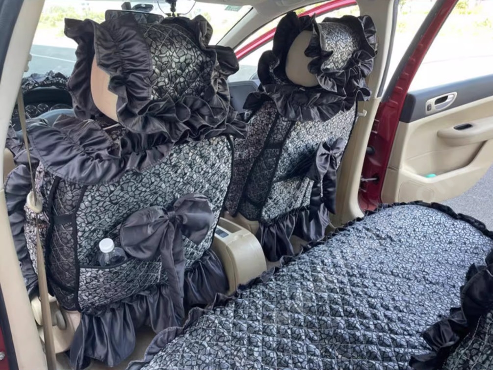 Tailored Jacquard Girly Bud Silk Seat Cushion Floral Safest Lace Countryside Custom Automobile Car Seat Cover Sets - Black