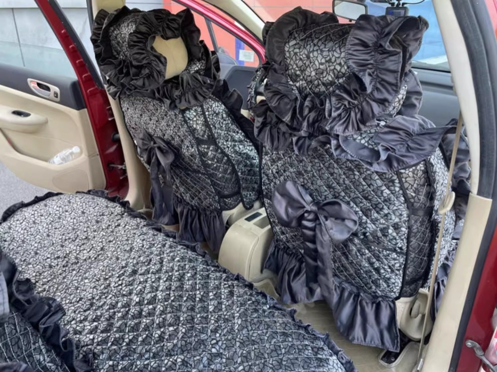 Tailored Jacquard Girly Bud Silk Seat Cushion Floral Safest Lace Countryside Custom Automobile Car Seat Cover Sets - Black