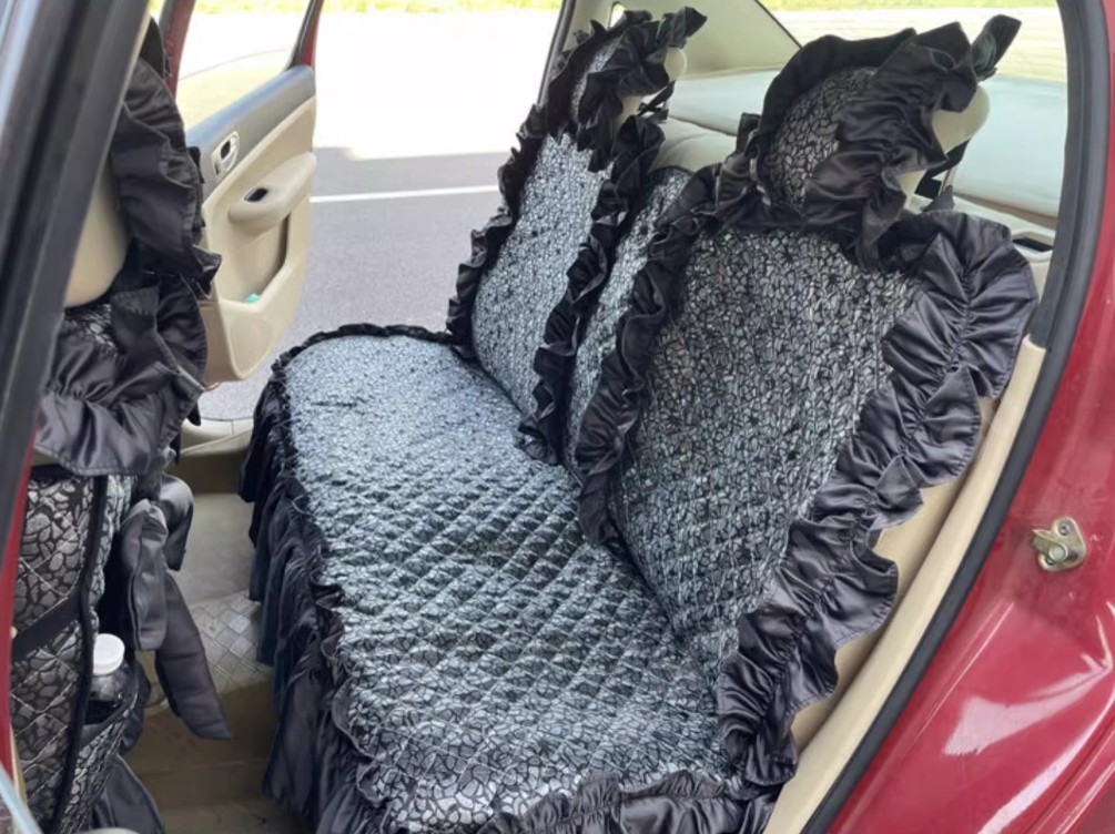 Tailored Jacquard Girly Bud Silk Seat Cushion Floral Safest Lace Countryside Custom Automobile Car Seat Cover Sets - Black