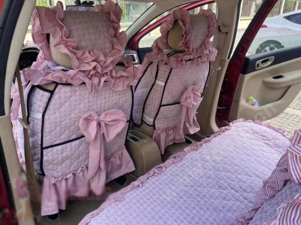 Tailored Jacquard Girly Bud Silk Seat Cushion Floral Safest Lace Countryside Custom Automobile Car Seat Cover Sets - Pink