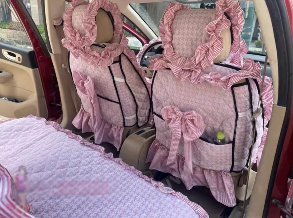 Tailored Jacquard Girly Bud Silk Seat Cushion Floral Safest Lace Countryside Custom Automobile Car Seat Cover Sets - Pink