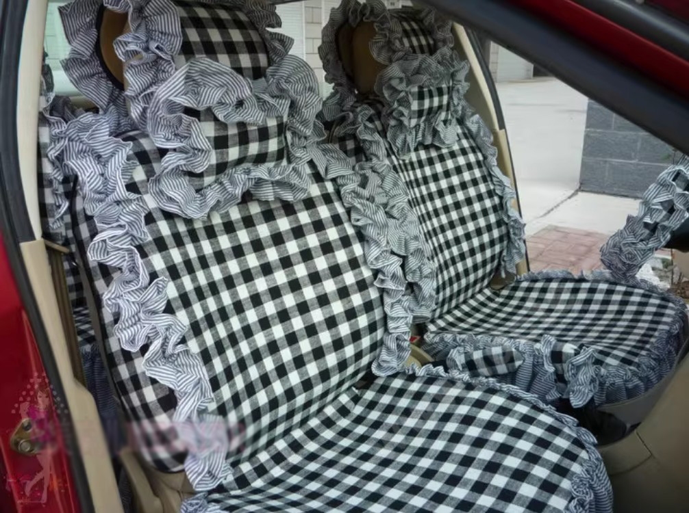 Tailored Jacquard Girly Bud Silk Seat Cushion Grid Lace Countryside Custom Automobile Car Seat Cover Sets - Black White