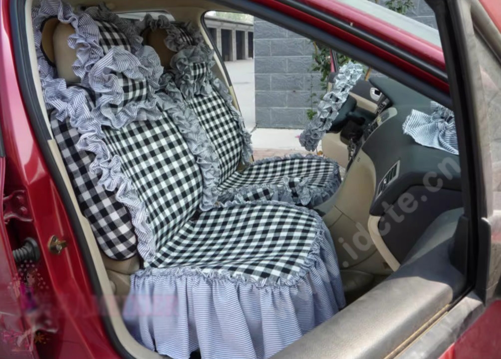 Tailored Jacquard Girly Bud Silk Seat Cushion Grid Lace Countryside Custom Automobile Car Seat Cover Sets - Black White