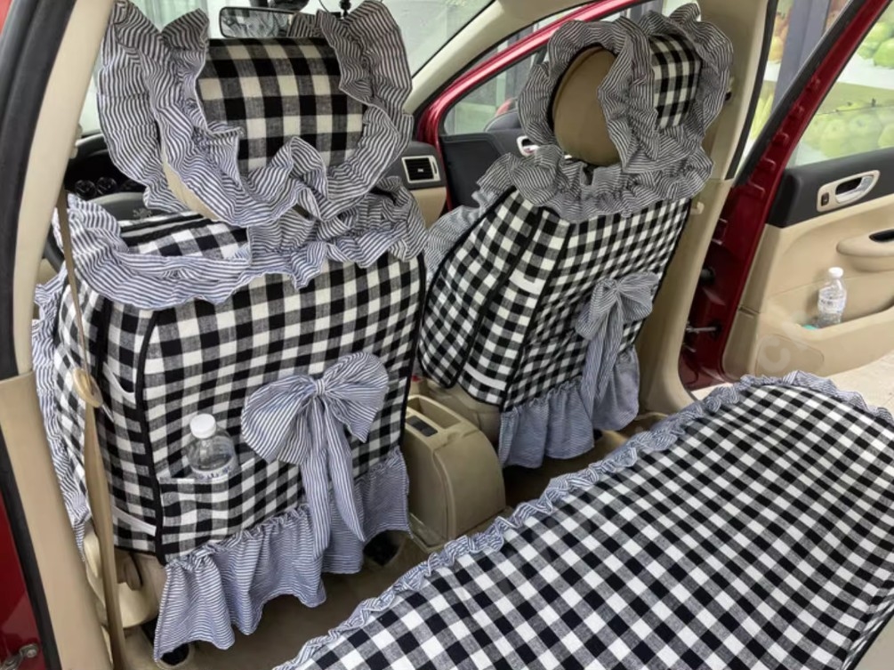Tailored Jacquard Girly Bud Silk Seat Cushion Grid Lace Countryside Custom Automobile Car Seat Cover Sets - Black White